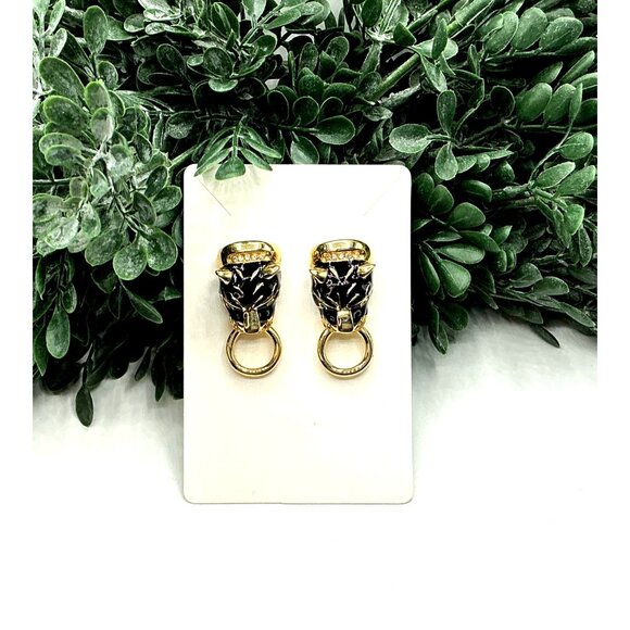 Vintage Gold Tone and Black Enamel Panther Head Earrings - Picture 8 of 10